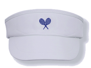 Girls white tennis visor with navy rackets logo