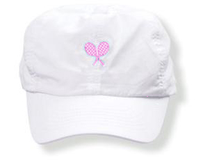 Girls white tennis  hat with pink rackets logo